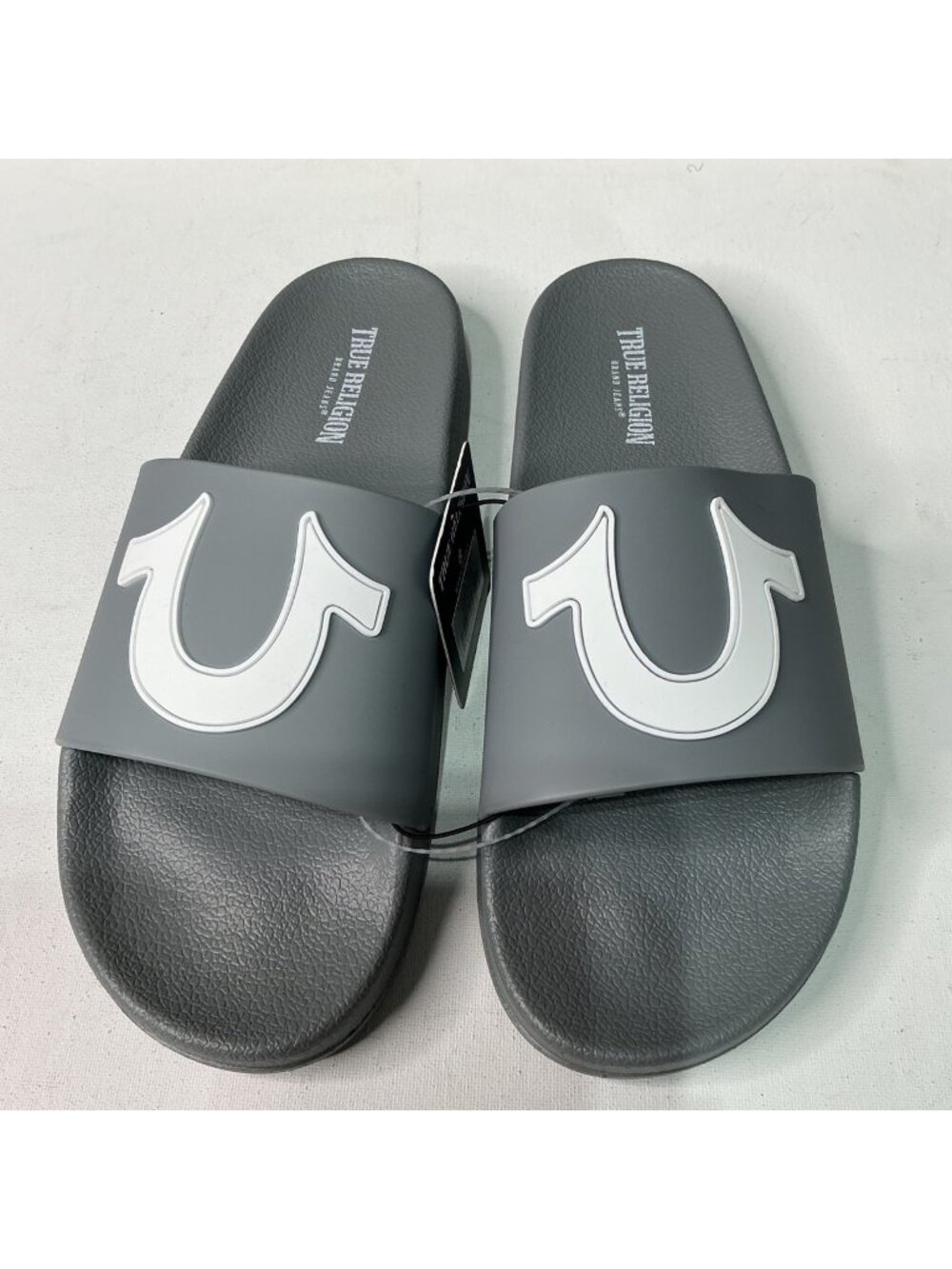 True Religion Men's Grey Logo Slides Size 8 Comfortable Casual Sandals